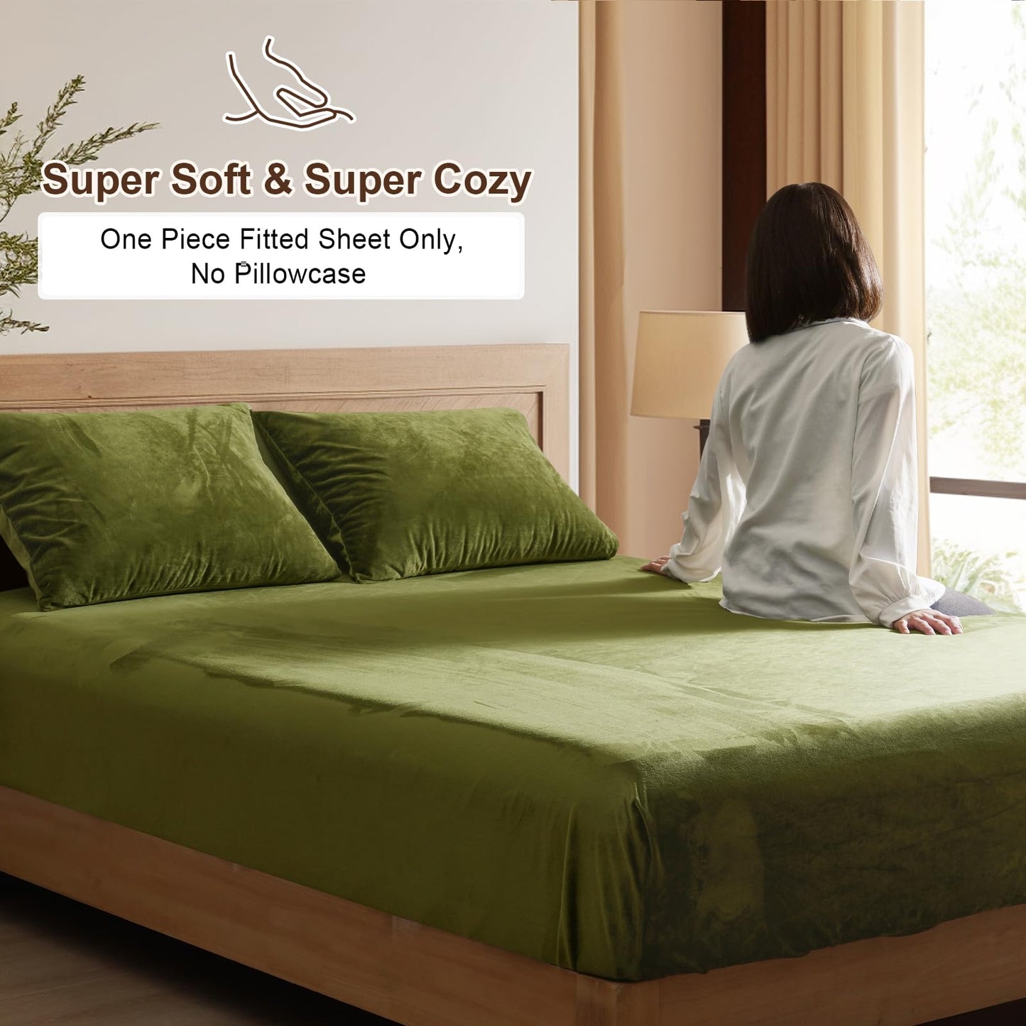 PHF Ultra Soft Velvet Fitted Sheet Queen Size, 16" Deep Pocket with Wider Stronger Elastic Band, Easy Fit Easy Care, 1 Pack Cozy Comfy Flannel Bottom Sheet for All Seasons, No Pillowcases, Olive Green