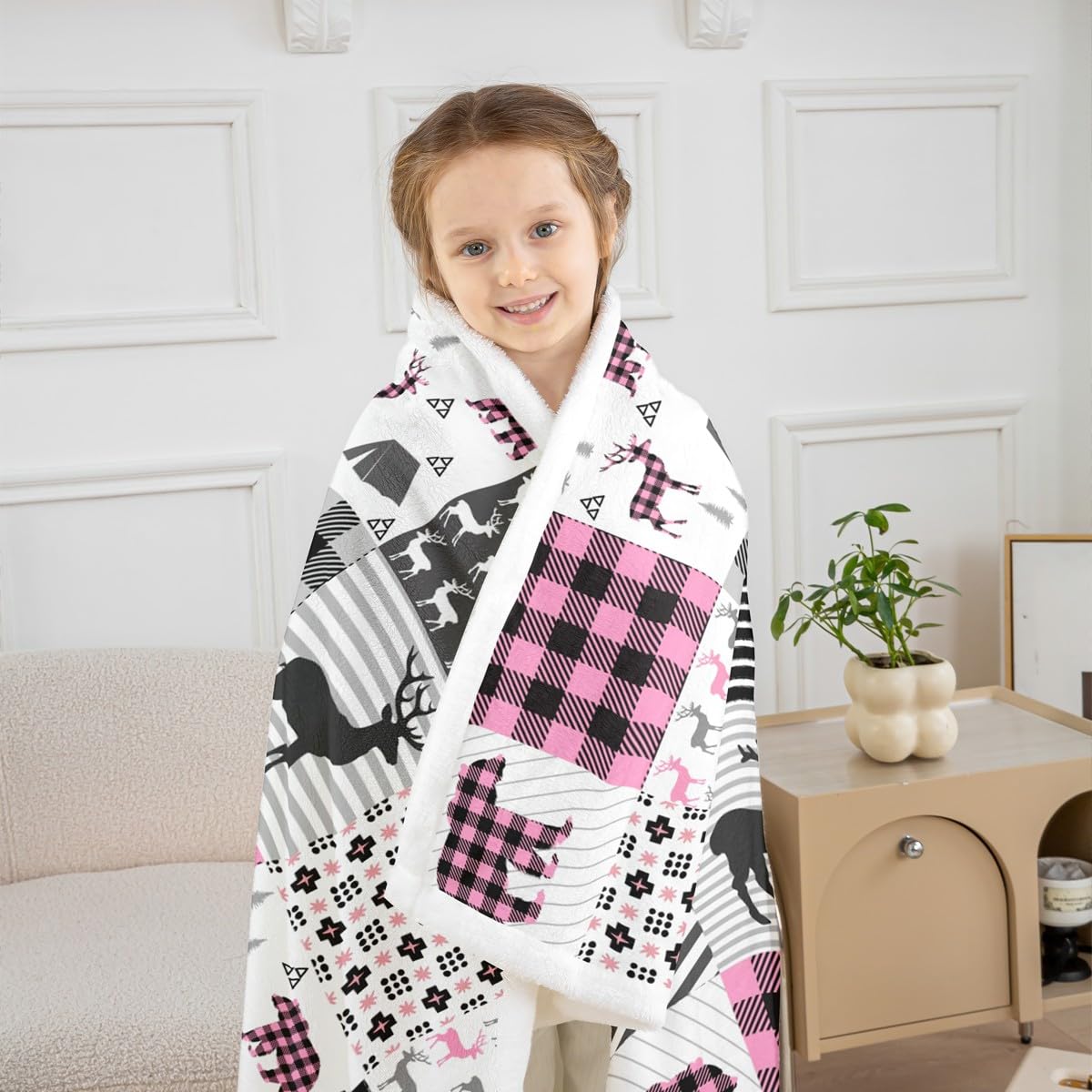 Deer Fleece Throw Blanket for Girls Boys - Pink Plaid Bear Antlers Plush Sherpa for Hunting and Camping - Bear Moose Lodge Patchwork Fuzzy Geometric Room Decor 40"x50"
