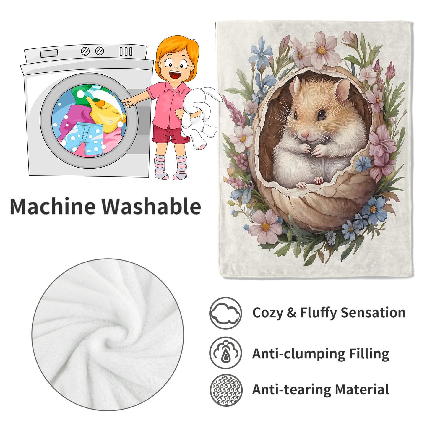 VODRM Hamster Blanket,50x60in,Cute Animal in Floral Nest Pastel Flower Throw Blankets,Gifts for Kids Girls Women, Lightweight Soft Fleece Cozy,for Sofa Couch Bed Room Travel Modern Decor