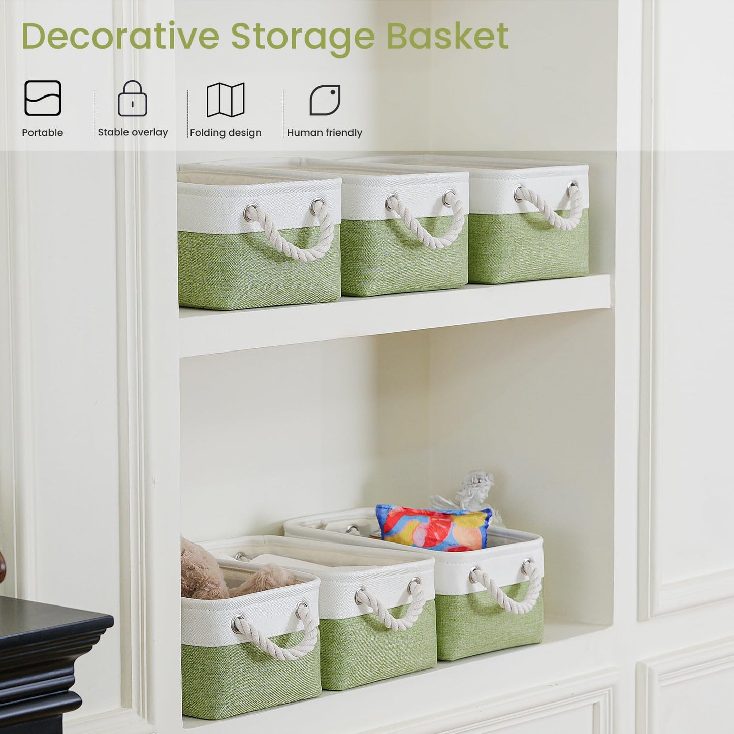 VQRTEXA Storage Baskets for Shelves 11.8x7.9x5.2 Inch, Foldable Fabric Storage Bins with Handles, Small Storage Baskets for Organizing Closet, Office, Home Organization (3-Pack, White&Green)