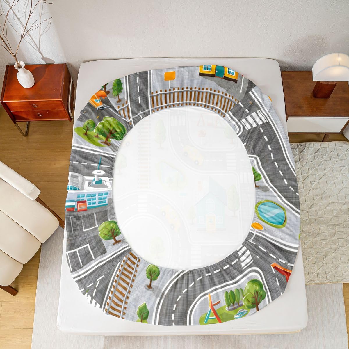 Manfei City Traffic Map Fitted Sheet Set Road Street Car House Bedding Set 3pcs Cartoon Play Interactive Bed Sheet with 2 Pillowcases Kids Room Decor Soft Deep Pocket Bedding(No Flat) Queen Gray White