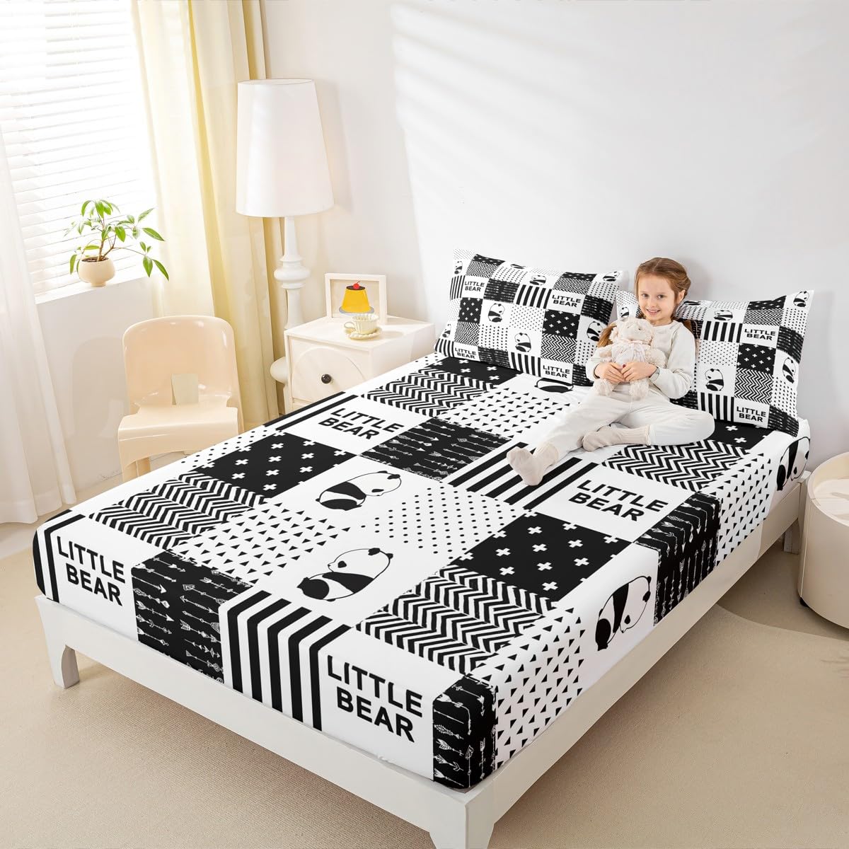 Cute Panda Kids Fitted Sheet Queen Size,Wild Animals Geometric Grids Stripes Patchwork Bedding Set,Boys Girls Adults Room Decor,Arrows Boho Bed Cover,Black White Bed Sheet,2 Pillowcases