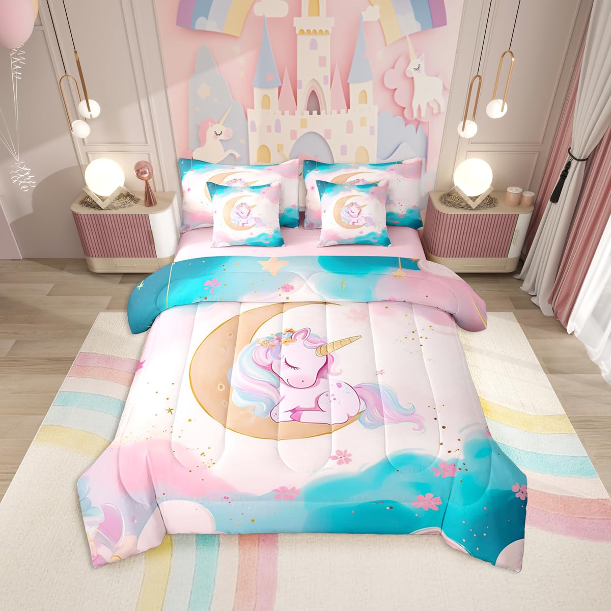 Erosebridal Pink Unicorn Bedding Set 7 Pieces Twin Size for Girls Kids Cute Rainbow Unicorn Comforter Set with Sheets Gradient Blue Pink Princess Bed in A Bag Dreamy Moon Bed Sets All Season