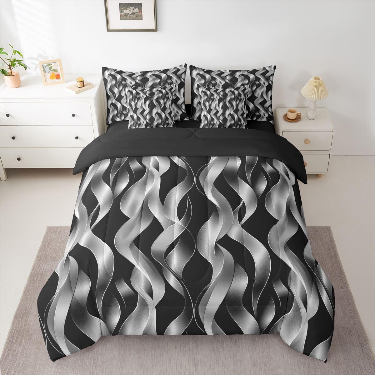jejeloiu Modern Abstract Geometric Comforter Set with Sheets 7 Piece Full Size Geometric Spiral Pattern Bed in a Bag Kids Boys Girls Black Bedding Set Bedroom Decor Breathable Microfiber