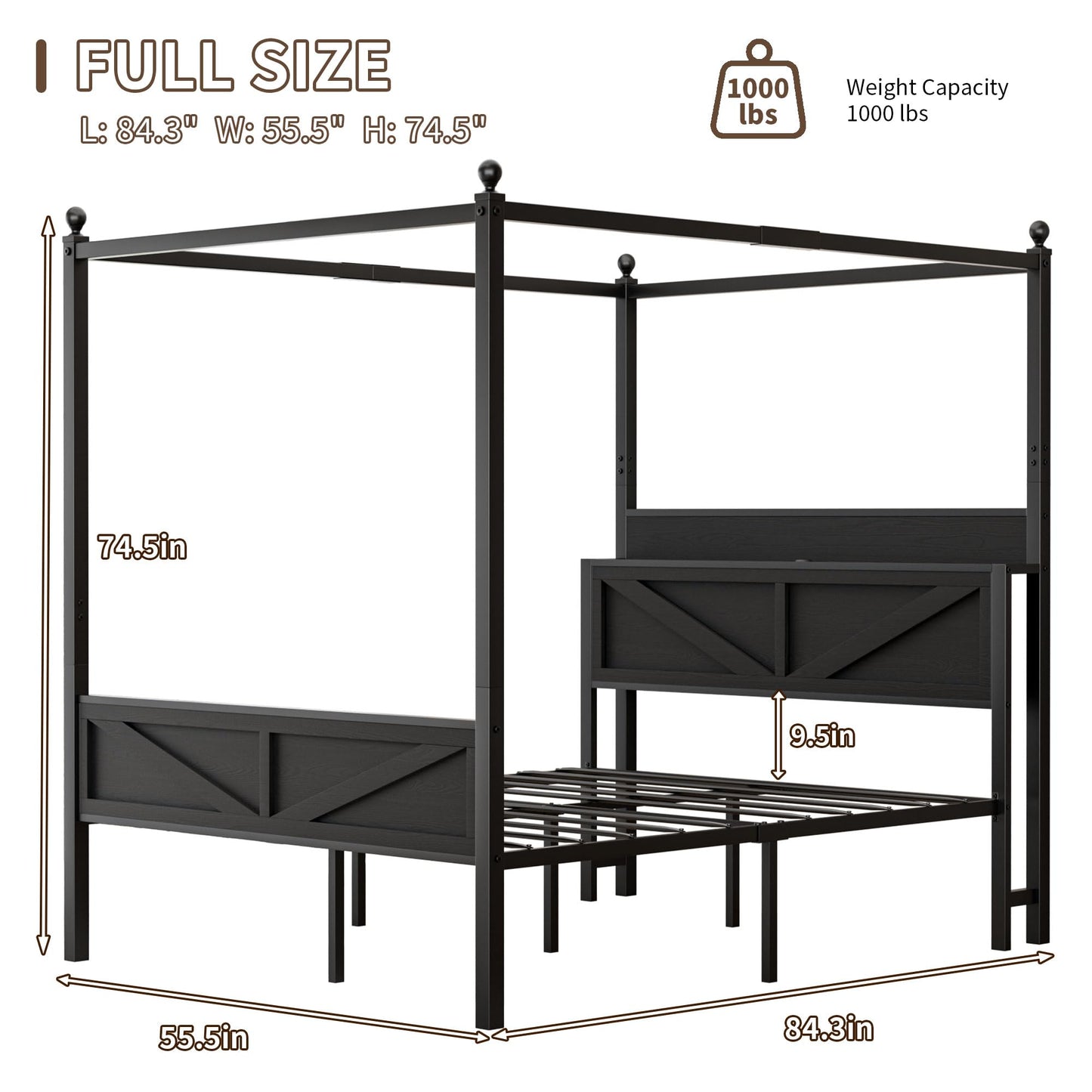 Tsovihe Full Size Canopy Bed Frame with Barn Door Storage Headboard, Metal Slats Support LED Light & Charging Station/No Box Spring Needed/Easy Assembly/Curtain Not Included/Black