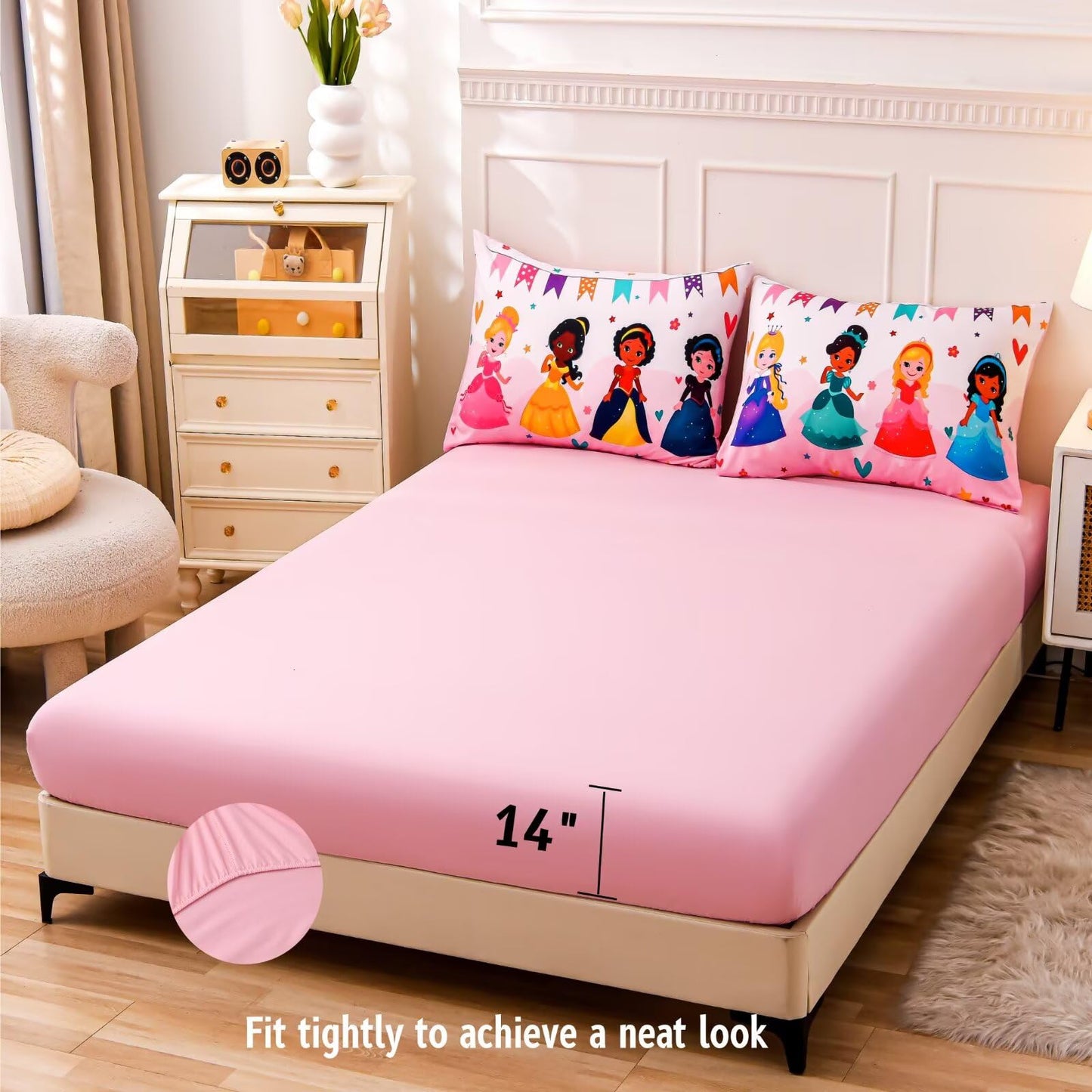 GRAT TIOC 6 Pieces Pink Princess Comforter Set for Girls Twin,Bed in A Bag Princess Bedding Set for Girl Kids (1 Comforter,1 Flat Sheet,1 Fitted Sheet,2 Pillowcases and 1 Cushion Cover)