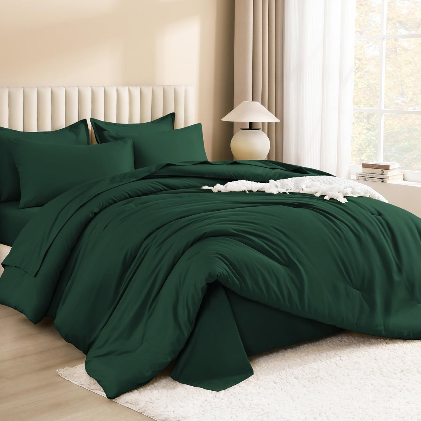 Litanika Queen Comforter Set Dark Emerald Green - 7 Pieces Bed in a Bag Queen Bedding Comforter Sets, Solid Lightweight Bed Set with Comforter, Sheets, Pillowcases & Shams