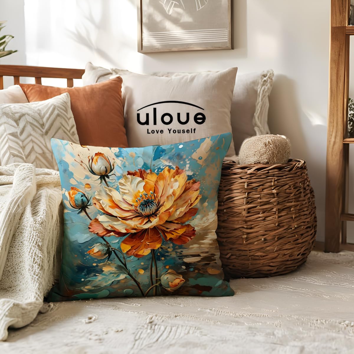 2Pack Flowers Decorative Pillow Covers Modern Orange Poppy Design Cushion Covers Oil Painting Pretty Floral Pillowcases 18 x 18 Inch Farmhouse Spring Summer Decorations (Orange/Blue)