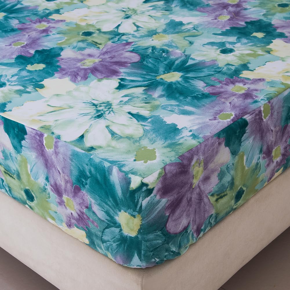 NATURETY Bedding Fitted Sheet with Deep Pocket,Oil Painting Style Printed Fabric Bed Sheets for Boys Girls Single Bed (Green Floral,Twin)
