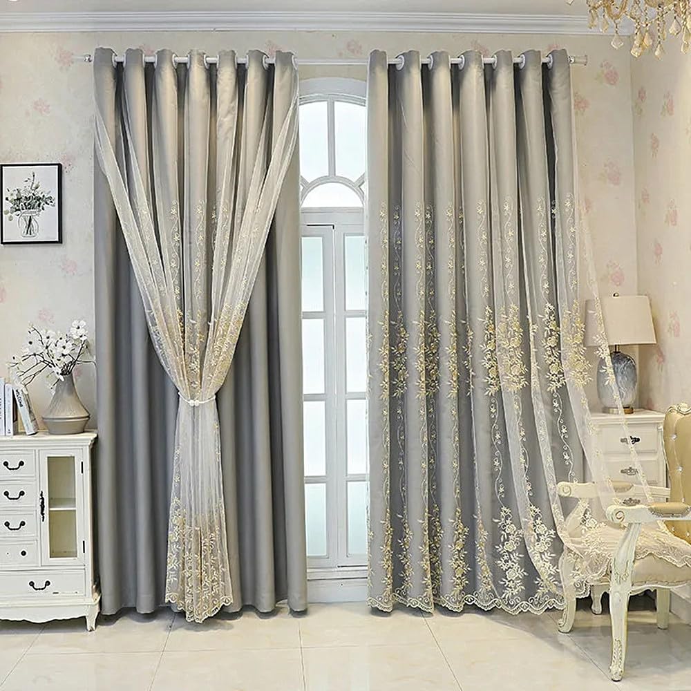Amidoudou 1 Pair European Double Layer Curtains for Living Room Rose Shaped Embroidered Curtains for Bedroom (Grey,54x96 Inch)