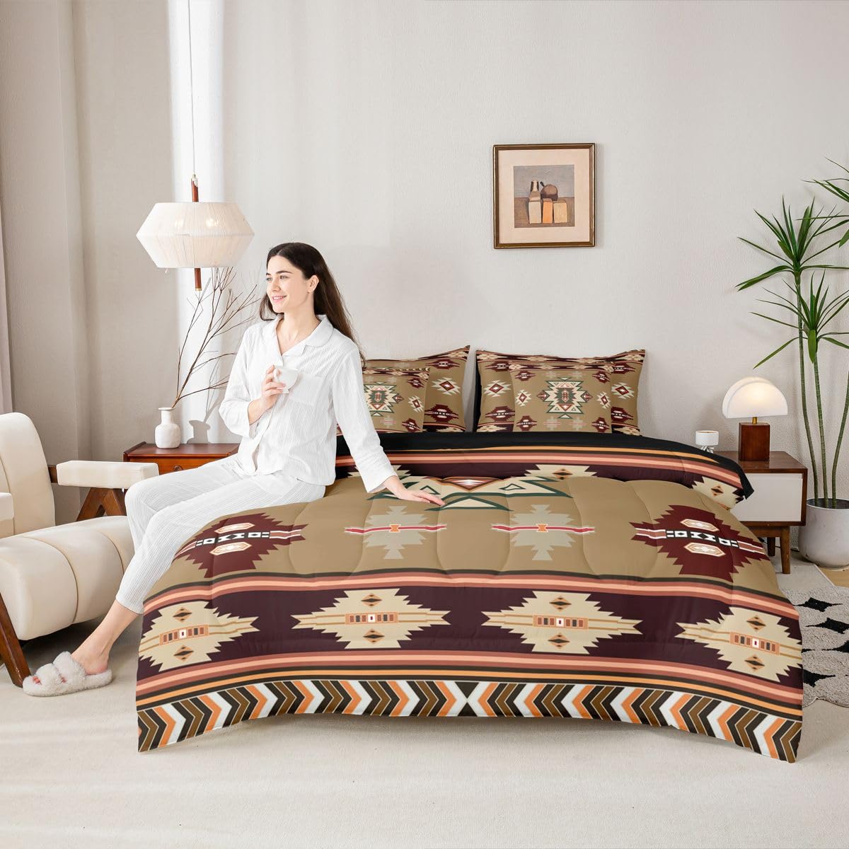 Erosebridal Western Twin Comforter Set with Sheets | Southwestern Decor Geometric 7-Piece Bedding Set Farmhouse Aztec Bed in a Bag, Stripes Diamond Triangle Bed Sets,Brown