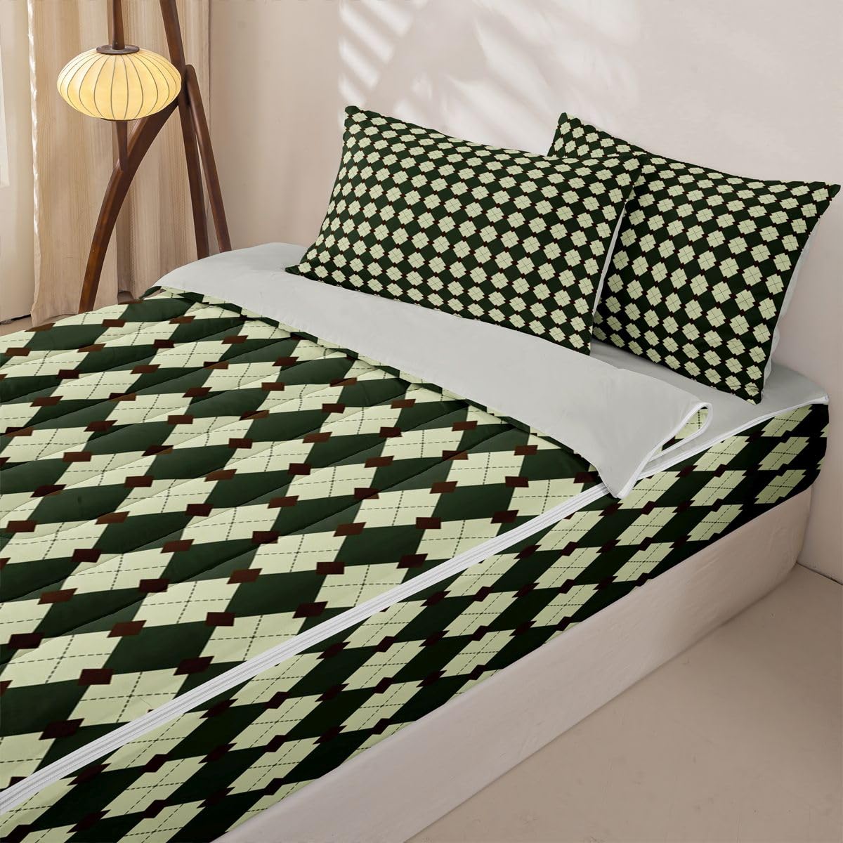 Feelyou Plaid Zipper Bedding Full Maze Lattice Zipper Bedding Sets for Kids Boys Girls Checkered Printed Comforter Set with Fitted Sheet and Pillowcases Ethnic Monochrome Texture Bedroom Decor