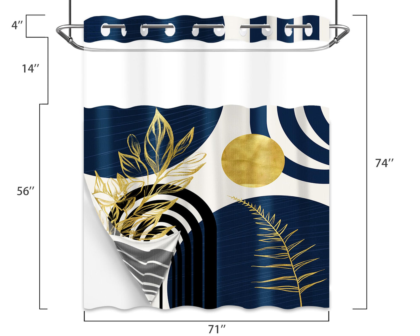 Yieldeer Navy Blue Hookless Shower Curtain, Snap-in Liner,71" W x 74" L