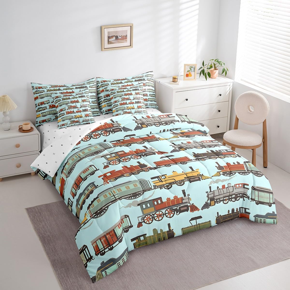 7 Pieces Twin Size Cartoon Train Comforter Set,Retro Steam Engine Train Bedding Set for Boys Girls,Railroad Track Transport Teal boho (Comforter+Fitted+Flat Sheet+2 Pillowcases+2 Throw Pillow Covers)