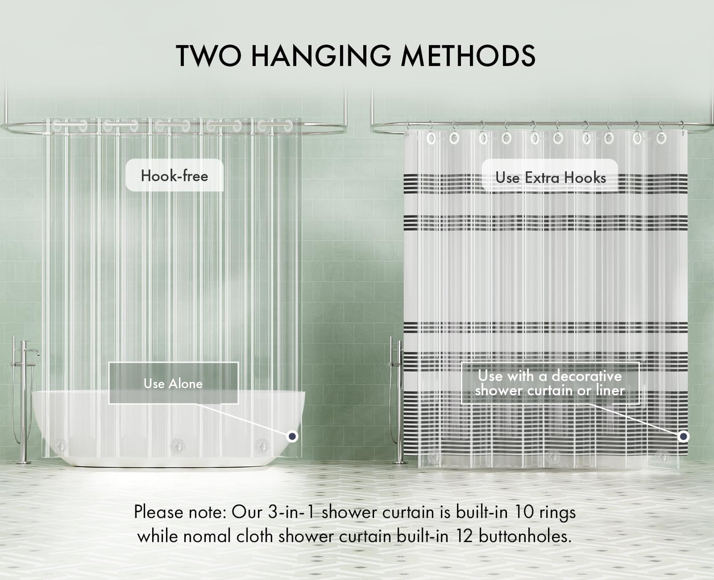 AmazerBath No Hook Shower Curtain and Liner 3-in-1, 100% EVA Luxury Soft Heavy Duty Clear Shower Liner, 72x75 Hookless Shower Curtain with 3 Heavyweight Stones