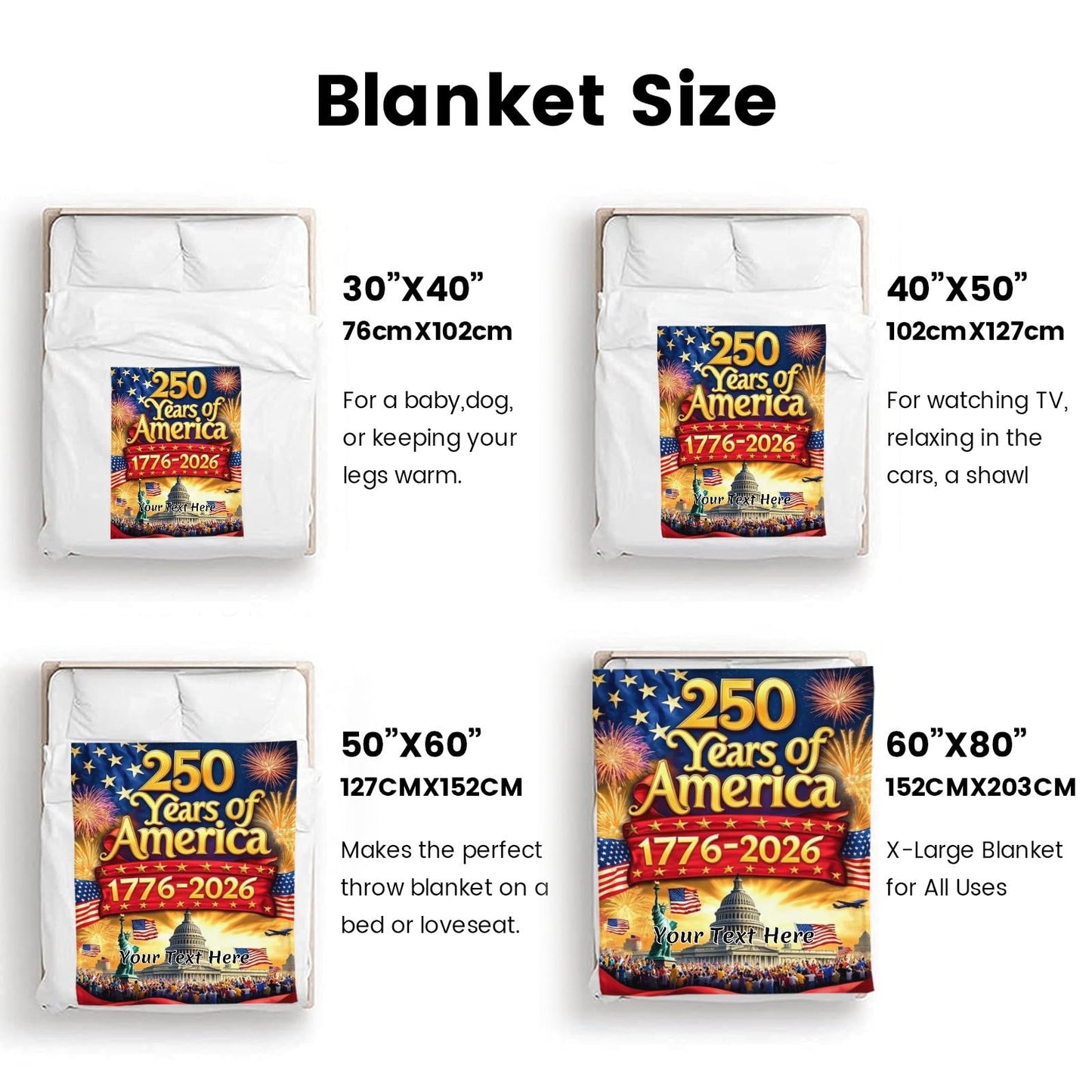 250 Anniversary USA Blanket - Ultra Soft Personalized Throw Blanket with Name Text for 4th of July, 30x40 Inches