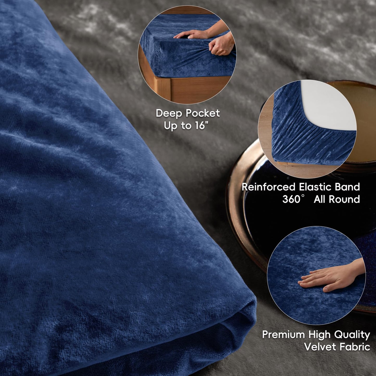 PHF Truly Velvet Fitted Sheet Only Queen Size, Luxury Super Soft Cozy Fuzzy Fleece Bottom Sheet, Deep Pocket Up to 16",Strenghth Elastic Band,Suitable for Fall Winter Spring, No Pillowcases, Navy Blue