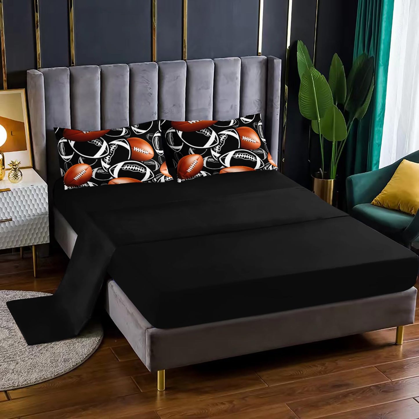 XYNHML Cartoon Rugby Comforter Set 7Pcs Sports Brown Rugby American Football Bedding Set for Kid Teen Girl Boy Black White Rugby Quilt Bed Decor Twin with 2 Sheets,2 Pillowcases,2 Throw Pillow Covers