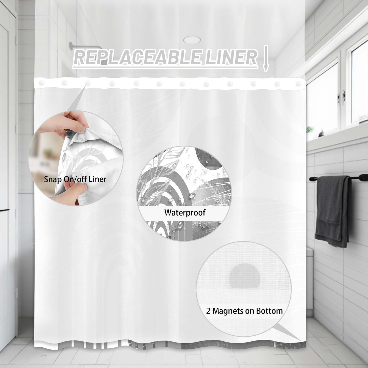 Boho Modern Hookless Shower Curtain, Black Grey White, 71" W x 74" L