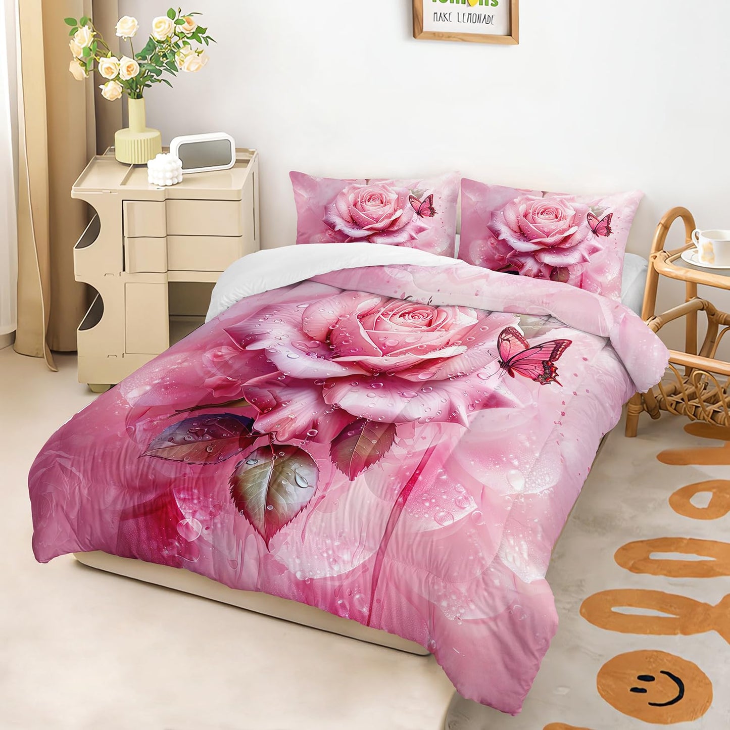 AILONEN Pink Rose Comforter Set Queen Size,Rose Flower Butterfly Bedding Set for Girls Women,Modern Romantic Floral Printed Art Pink Comforter with 2 Pillowcases,3 Piece Soft Microfiber