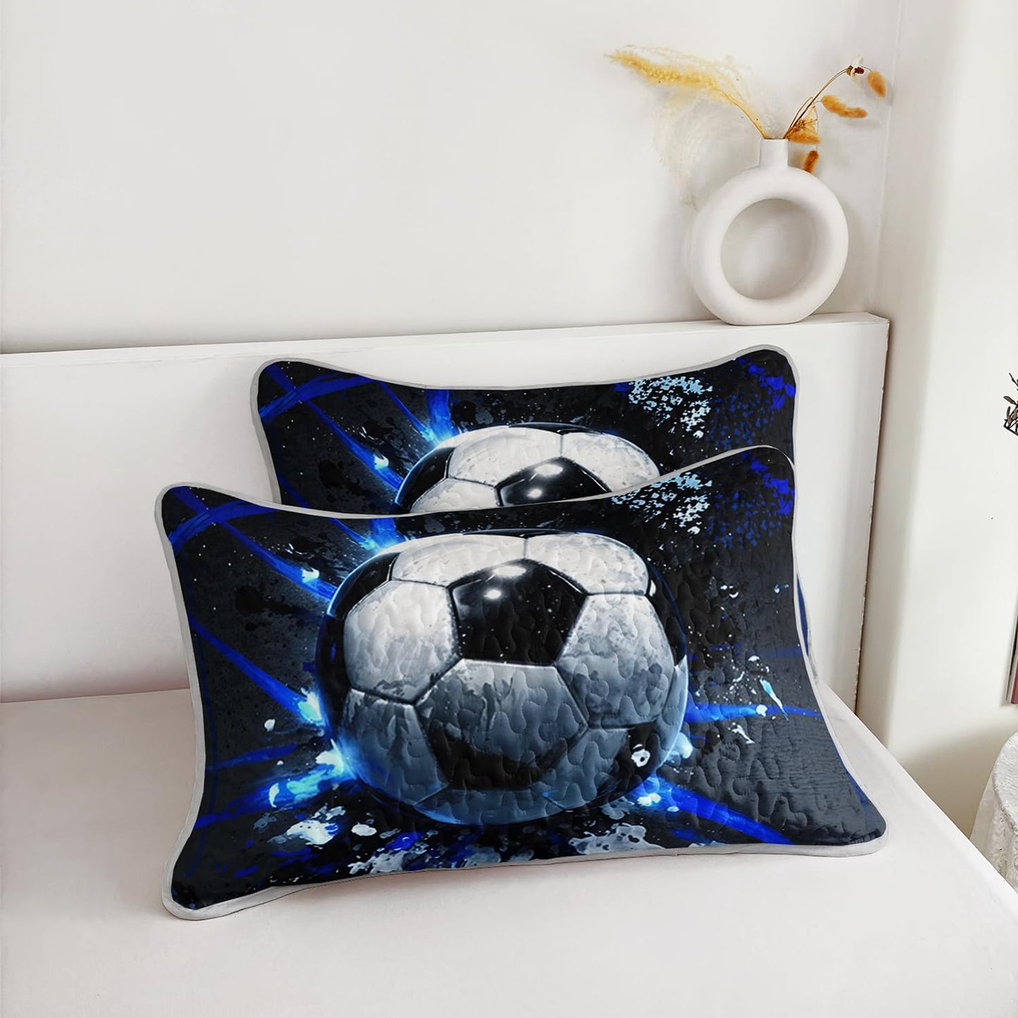 UEVBF Football King Bedding Set,Balls Sports Themed Quilted Quilt Sets for Kids Boys Teens Soccer Room Decor,Dark Blue Tie-dye Style Bedding Sets with 2 Pillowcases.