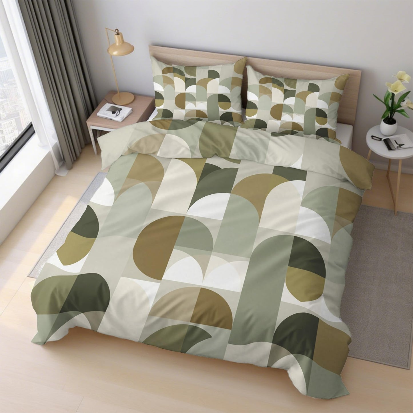 Mid Century Geometric Duvet Cover Twin Size, MCM Geo Bedding Set 2 pcs with 1 Pillow Cover, Boho Geometry Bedroom Decor, Soft Microfiber Reversible, Zipper & Ties KJJT 106