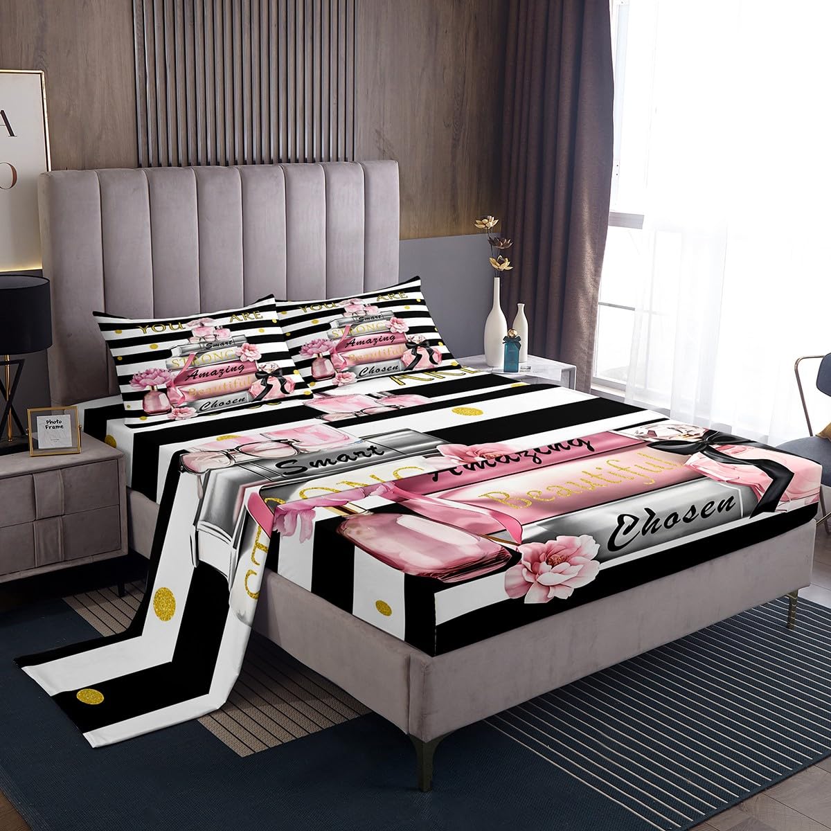 Erosebridal Black and Pink Bed Sheets King Size Girly Inspirational Cute Sheet Set for Girls Women You are Black and White Striped Modern Sheets Books Perfume Fashion Girls Flower Bedding Set