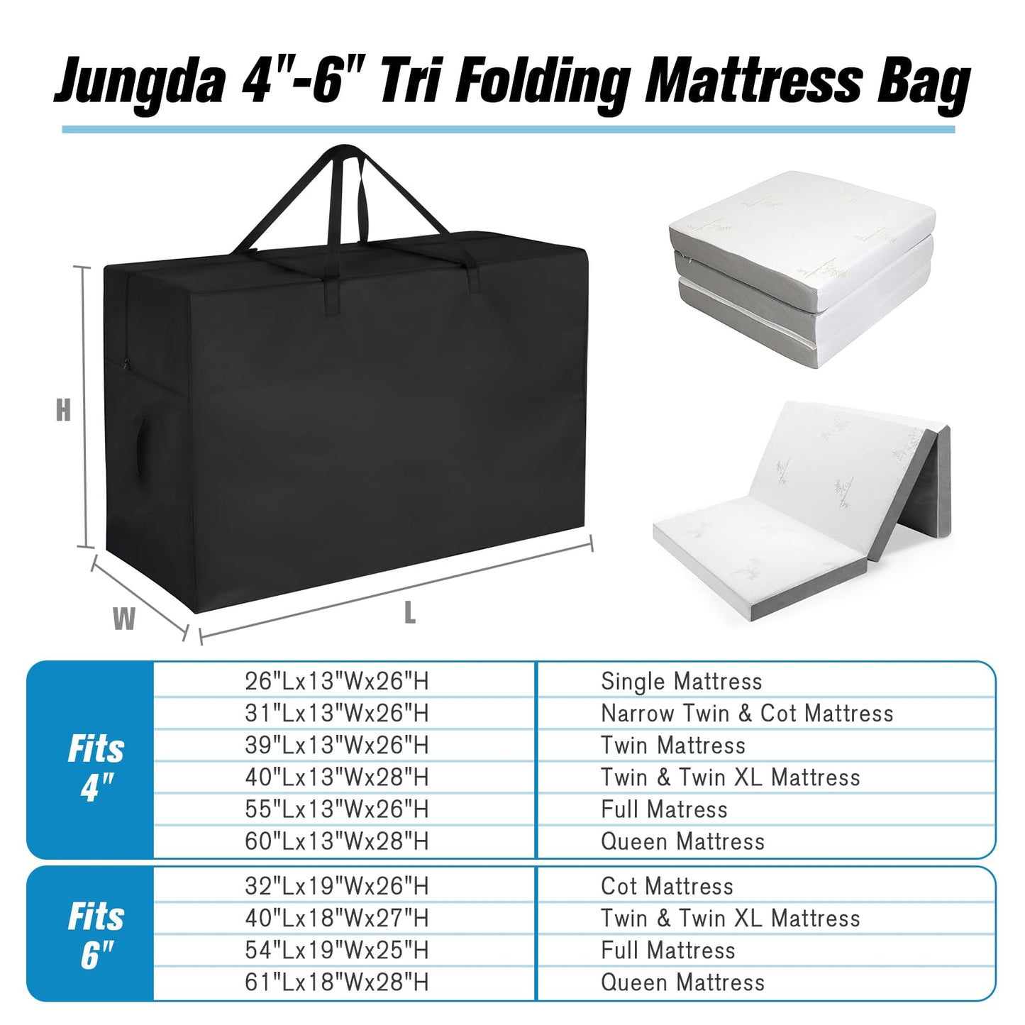 Jungda Tri Folding Mattress Storage Bag Cot, Foldable Memory Foam Mattress Case, Carry Case for Tri-Fold Guest Bed Mattresses Fits 6 Inch Cot (Mattresses NOT Included)-31"L x 18"W x 26"H