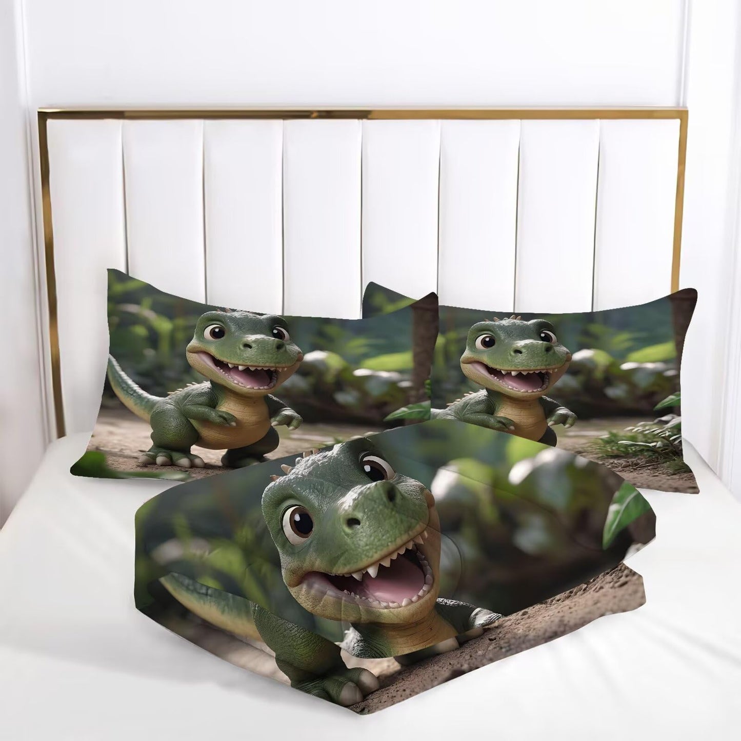 VTKON 3D Dinosaur Bedding Set Queen Size for Boys, Cute Kids Dinosaur Comforter Set, Dino Bedding Toddler Bed Set with 1 Comforter and 2 Pillowcases, Green
