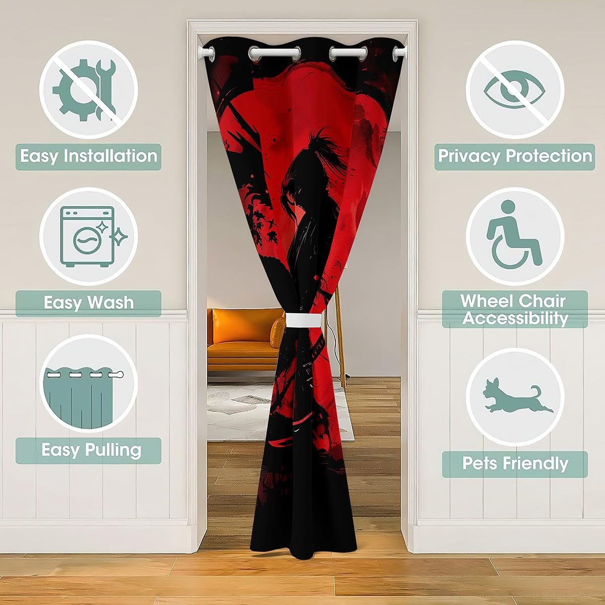 jejeloiu Japanese Samurai Warrior Door Curtain for Doorway Window 34" x 80" Samurai Thermal Insulated Temporary Room Dividers Sunset Closet Cover Black Dragon Bedroom Living Room Microfiber