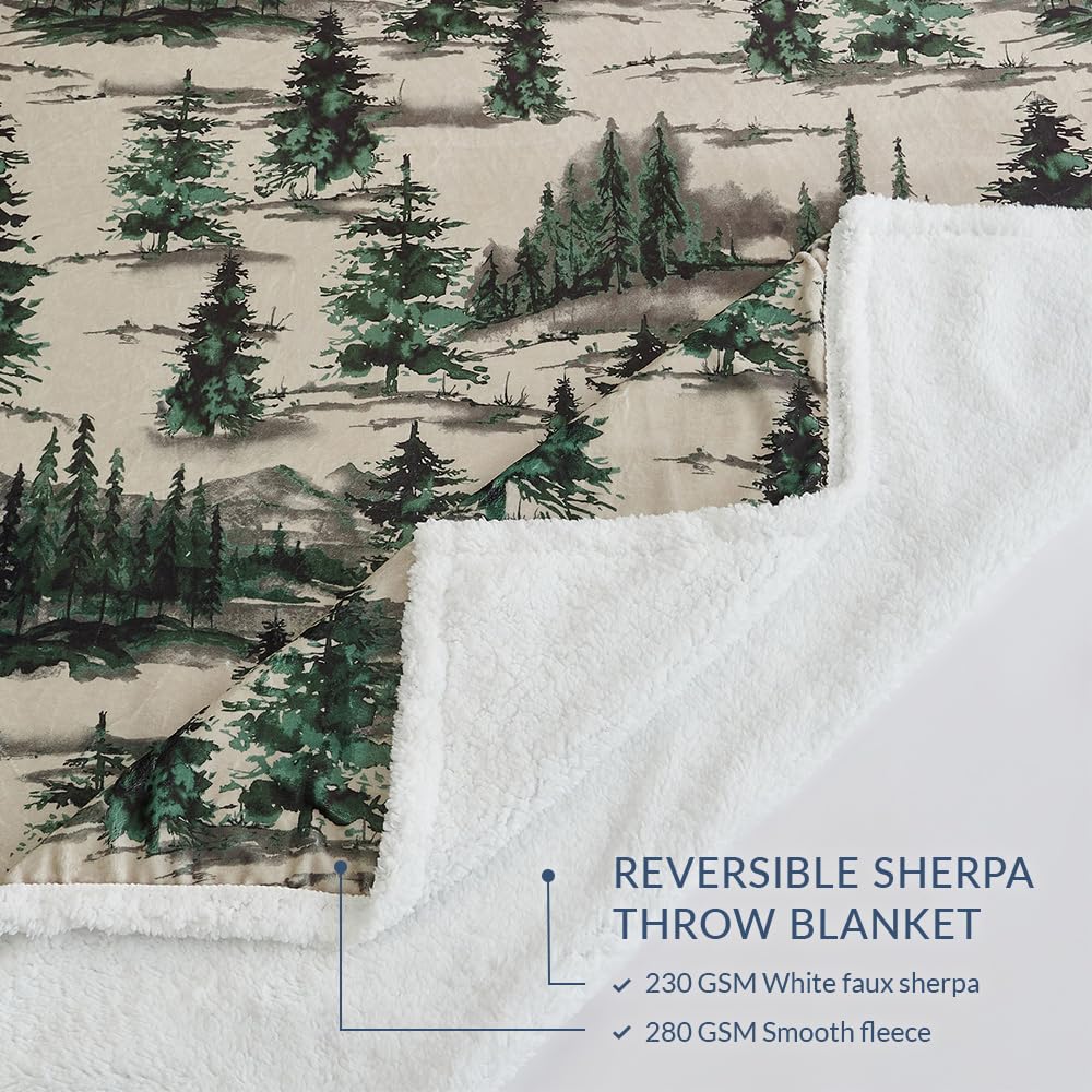Paseo Road Indigo Hill by HiEnd Accents Joshua 3 Piece Sherpa Throw Blanket Set, Forest Pine Trees Nature Print Fleece Throw Set, Western Cabin Lodge Style, 1 Throw and 2 Pillows