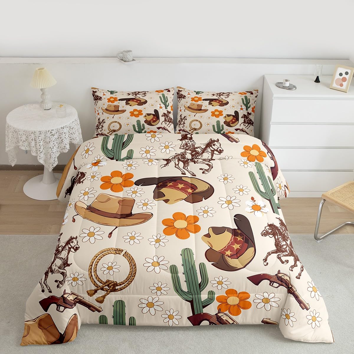 Feelyou Western Comforter Set All Season Cowgirl Floral Bedding Set with 2 Pillow Cases Western Cowboy Boots Kids Full Bedclothes Wild West Cactus Flower Bedroom Decor Pale Beige Duvet Quilt Soft