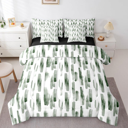 Erosebridal 7Pcs Sage Green Striped Comforter Set King Size,Green and White Geometric Abstract Bed in A Bag,Art Aesthetic Ink Painting Bedding,Contemporary Watercolor Graffiti Boho Quilt