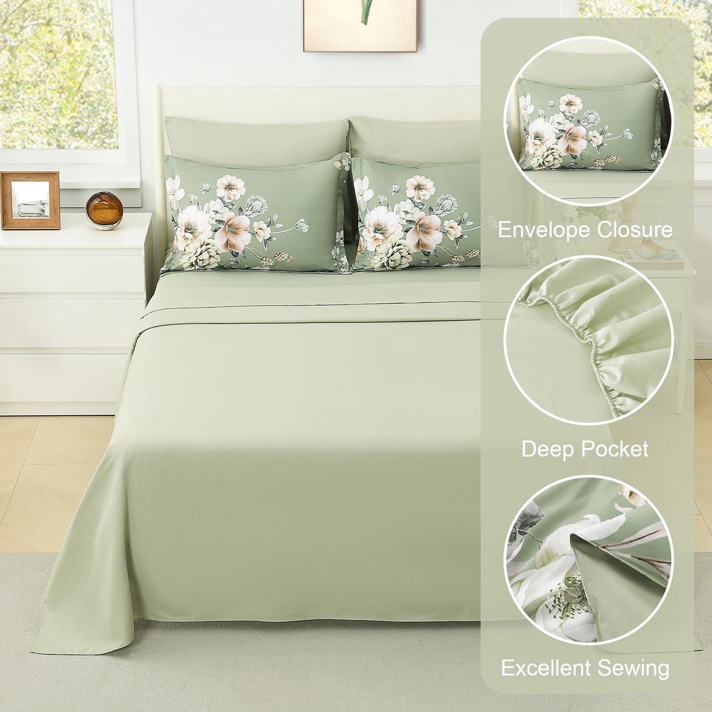 Floral Comforters Queen Size 7 Pieces Botanical Green Flower Bed in a Bag Ulter Soft Microfiber Bedding Set, Lightweight Bed Comforter Set with Sheets for All Season (Green, Queen)