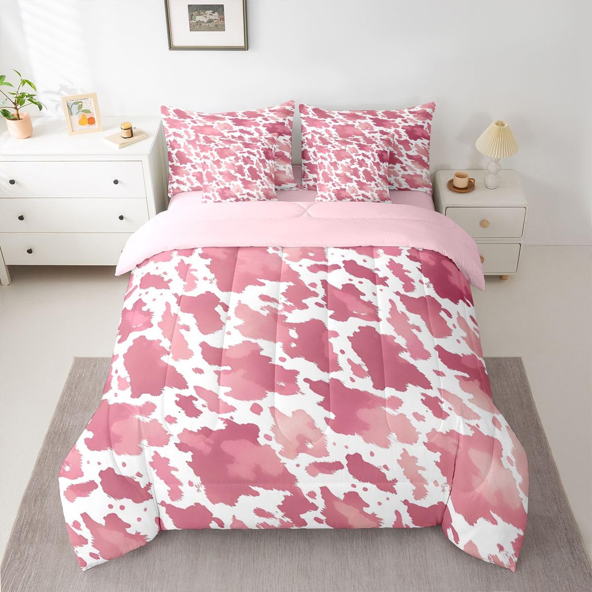 Erosebridal Cow 7 Piece Bedding Set Full Cowhide Print Comforter Set with Sheets Animal Fur Pattern Western Watercolors Bed in a Bag Cowboy Farmhouse Pink White for Kids Boys Girls