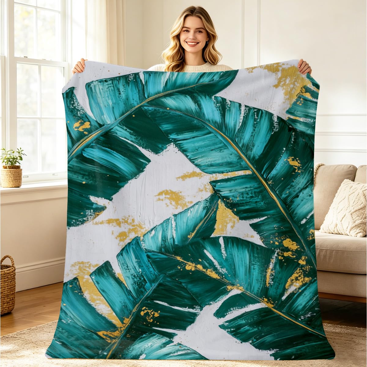 HUNXIAOJ Tropical Blankets and Throws Tropical Plant Blanket for Couch Bed Room Home Decor Tropic Leaf Throws Teal Gold Botanical Decor Flannel Gifts for Women Adults Kids 49"x59"