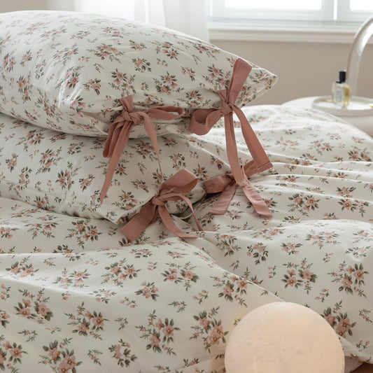 mixinni Soft Aesthetic Cotton Blush Flower Pattern 2 Piece King Size Bow Tie Pillow Cases 20 x 36 Inches Set of 2