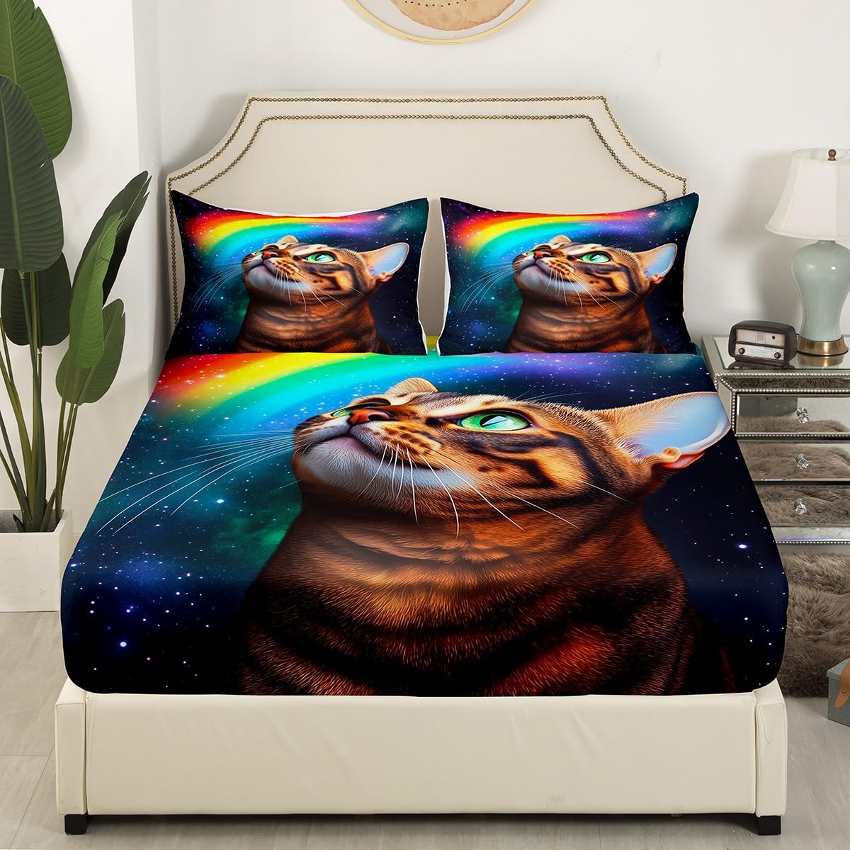 Erosebridal Galaxy Cat Bed Sheets 4 Pcs Kids Girls Boys Teens Rainbow Cat Sheet Set Full Animal Themed Sheets Set + Deep Pocket Fitted Sheets+ Fashion Starry Sky Flat Sheet + Room Decor