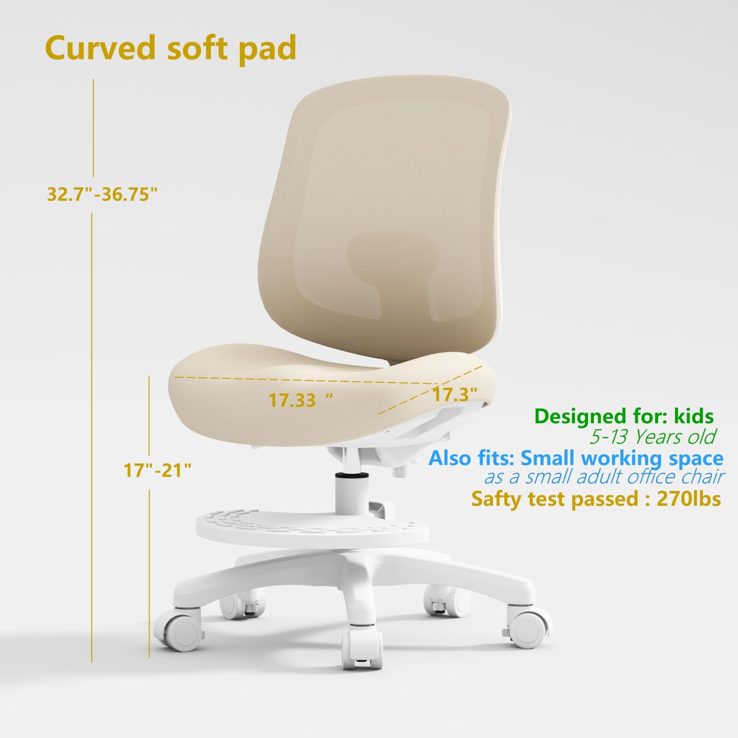 chirvana Kids Desk Chair, Ergonomic Study Chair for Kids with Lumbar Support and Footrest, Adjustable Height, Mesh Student Chair with Adjustable backrest, Model Shell (Mint)