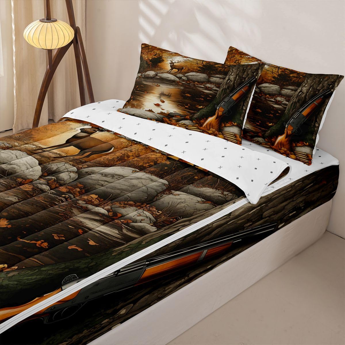 jejeloiu Deer Zipper Bedding Twin Hunting Wildlife Zipper Bedding Sets for Kids Boys Girls Autumn Pond Comforter Set with Fitted Sheet and 2 Pillowcases Rustic Bedroom Decor