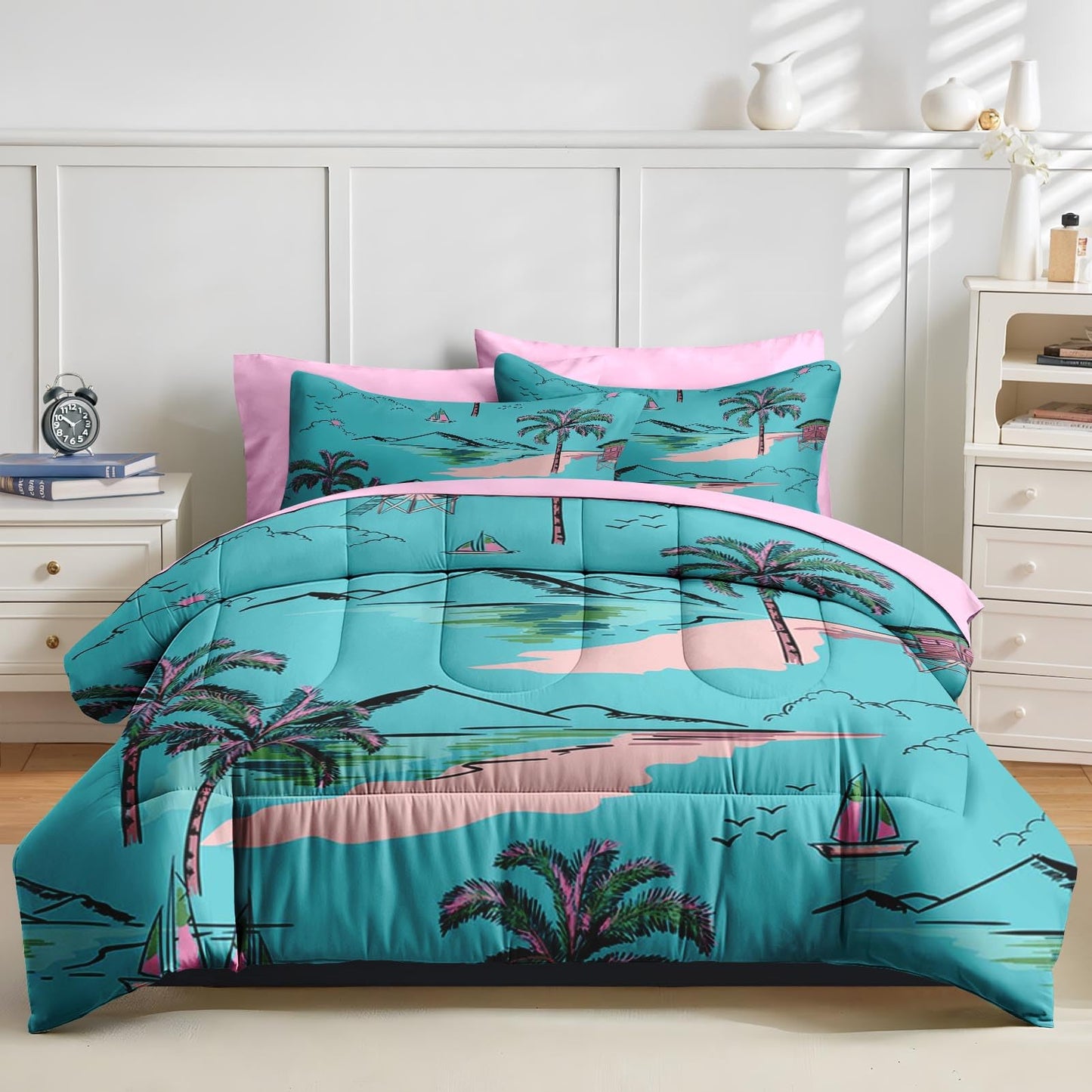 Nesker 7 Pcs Comforter Set Queen Size, Hawaiian Sweet Palm Leaf Bedding Set for Kids and Adults, Beach Ocean Blue-Green Sheets Bed Sheet Sets with Fitted Sheet 2 Pillowcases & 2 Shams