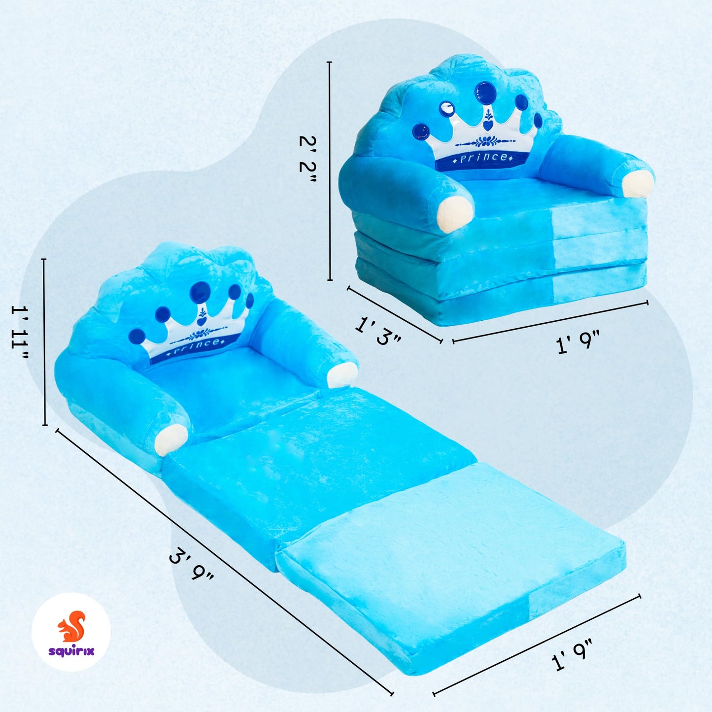 Squirix Kids Folding Chair – Plush Royal Crown Fold Out Chair Bed for Toddlers – Soft Kid Couch for Boys – Lightweight Washable Kids Furniture for Bedroom, Playroom, or Travel (Blue)