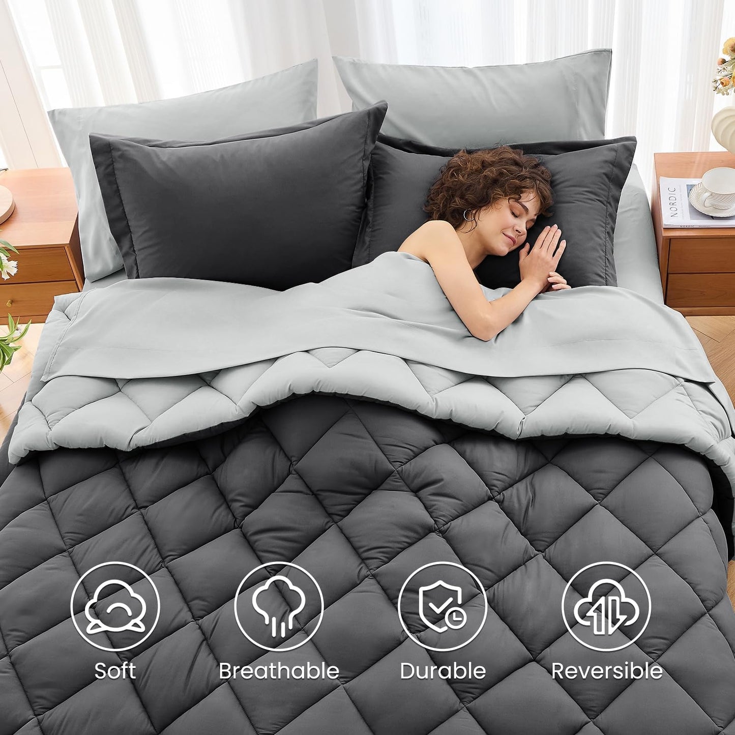 MUXHOMO 7 Pieces California King Comforter Set, Reversible Bed in a Bag Cal King Size, All Season Bedding Set with Comforter, Flat Sheet, Fitted Sheet, Pillowcases & Shams, Dark Grey & Light Grey