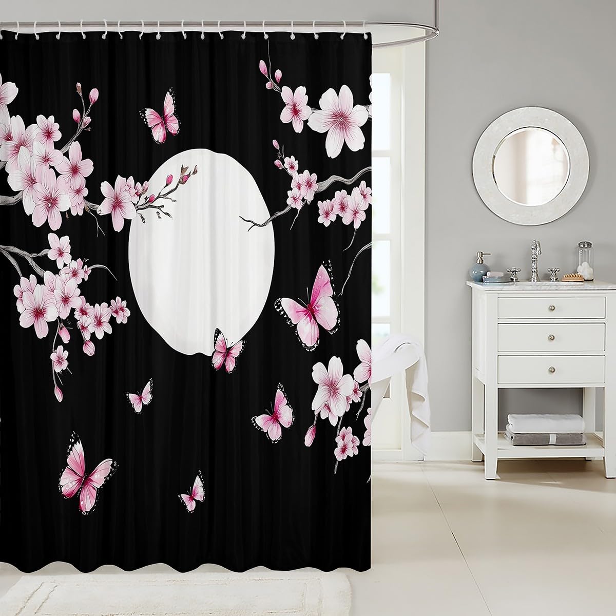 jejeloiu Pink Cherry Blossoms Shower Curtain 72"x72" Japanese Butterfly Bath Curtain Boys Girls Teens Sakura Flower Moon Bathroom Shower Curtain Set Floral Botanical Kids Bathroom Accessories Branches