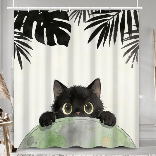 NAEMBCU Black Cat Shower Curtain with Tropical Palm Leaves, Watercolor Art Fabric Shower Curtain with Hooks, Aesthetic Waterproof Bath Curtain for Boho Modern Home Decor, 71 x 74 Inch