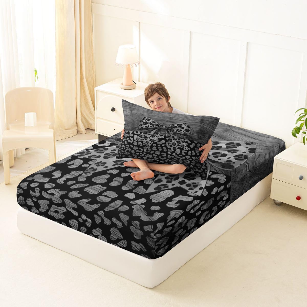 jejeloiu Black Leopard Bow Fitted Sheet with 1 Pillowcase Twin Size Leopard Print Bowknot Bed Sheets Set 16" Deep Pocket Boys Girls Abstract Bedding Teens Bedroom Decor Breathable