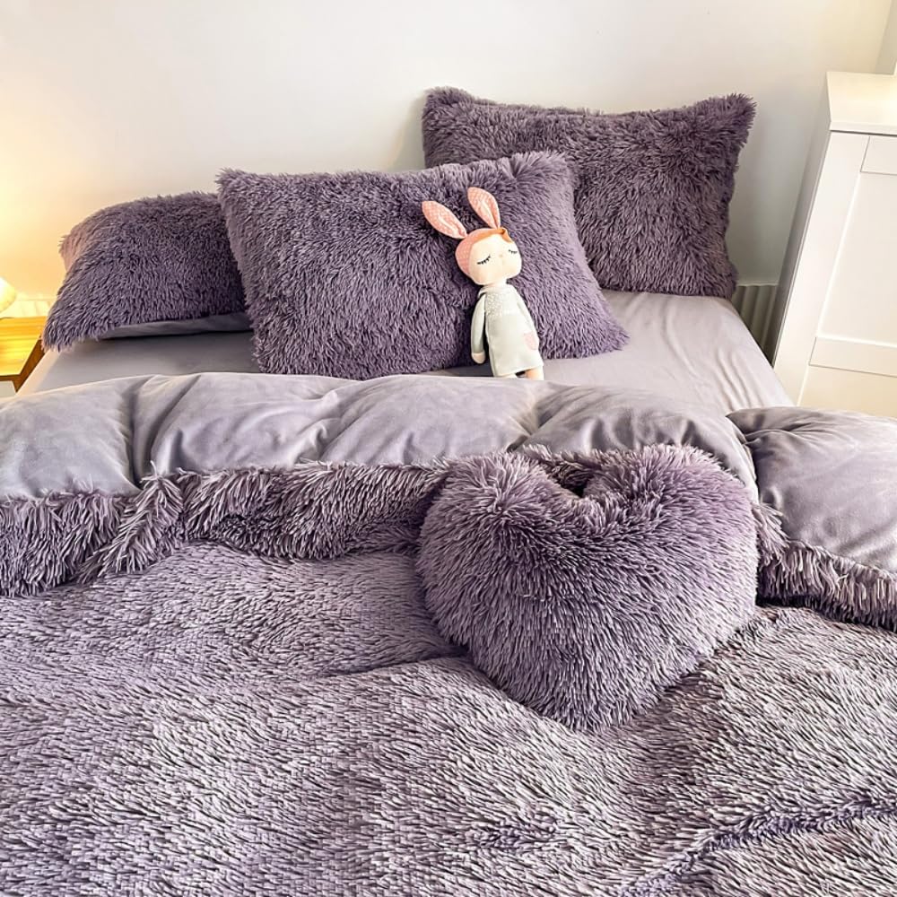 chovy Faux Fur Plush Purple Comforter Sets Queen - Ultra Soft Shaggy Flannel Velvet Fluffy Fuzzy 3PC Bedding Set （Comforter x 1 Pillowcases x 2）