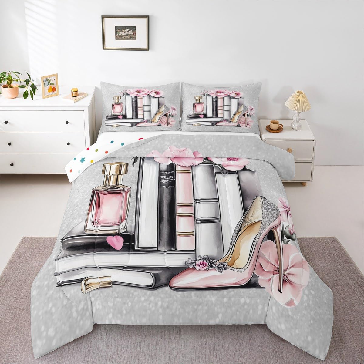 Erosebridal Pink Girly King Bedding Set Silver Fashion Comforter Set Women Girls Gray Pink Flower Perfume Quilt High Heels Magazine Books Floral Duvet Insert