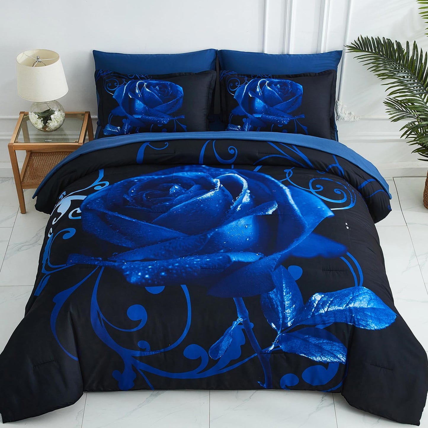 Xruibed Blue Comforter Set King 7 Piece Bed in a Bag Blue Rose Comforter with Sheet Set Soft Micorfiber Reversible Bedding Set (1 Comforter,2 Pillow Shams,1 Flat Sheet,1 Fitted Sheet,2 Pillowcases)