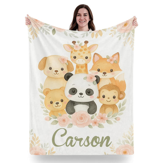Pink Floral Panda Custom Baby Blanket with Name, Personalized Blankets for Boys Girls, Soft Fleece Throw Blankets for Sofa Couch Bed, Teens Kids Birthday Christmas Personalized Gifts